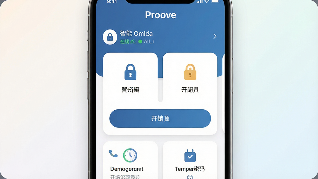 一张展示Proove软件核心界面的图片,主体是手机屏幕中显示智能门锁管理App的主页,布局上顶部有设备名称和在线状态,中间是门锁状态卡片和开锁按钮,下方排列着开门记录和临时密码入口,排版简洁清晰,风格为现代扁平化设计,细节上按钮圆润、图标精致,画质高清干净无多余元素,背景为浅色渐变,屏幕中清晰显示“Proove”文字。