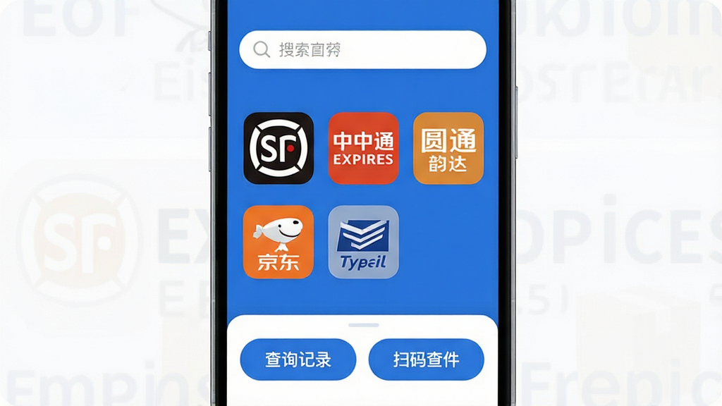 物流快递速查询应用主界面截图,手机屏幕显示简洁的蓝白配色界面,顶部有搜索框,中间显示主流快递公司图标如顺丰、中通、圆通、韵达、京东、邮政等,底部有查询记录和扫码查件按钮,整体布局清晰干净,文字标签明确,现代扁平化设计风格,细节圆润,画质干净无多余元素