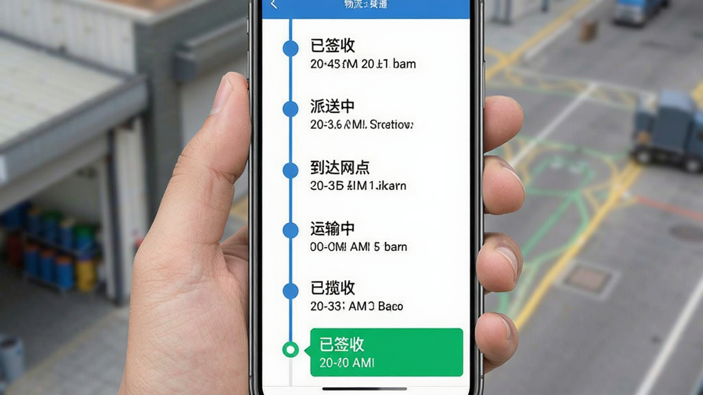 物流快递速查询的物流轨迹详情页截图,手机屏幕显示垂直时间轴,从上到下依次排列着“已签收”、“派送中”、“到达网点”、“运输中”、“已揽收”等节点,每个节点旁边有对应的时间戳和地点描述,最新一条“已签收”用绿色高亮标注,界面干净整洁,文字清晰易读,蓝白配色,扁平化设计