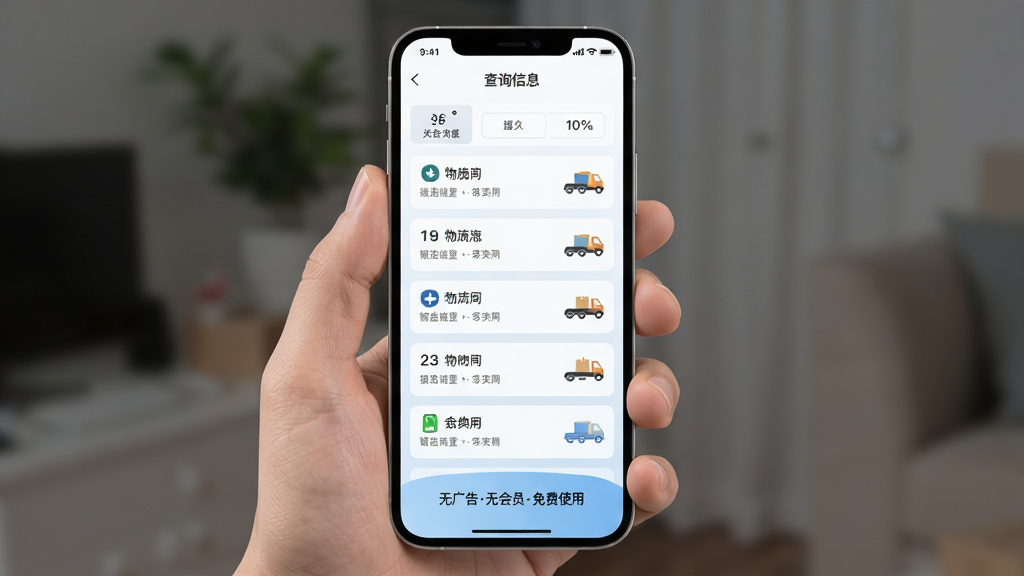 物流快递速查询的零广告清爽界面展示,手机屏幕显示查询结果页面,画面中央是清晰的物流信息列表,周围没有任何广告横幅或弹窗,界面底部显示“无广告无会员免费使用”字样,背景是干净的白色和浅蓝色渐变,风格极简,画质干净无多余元素
