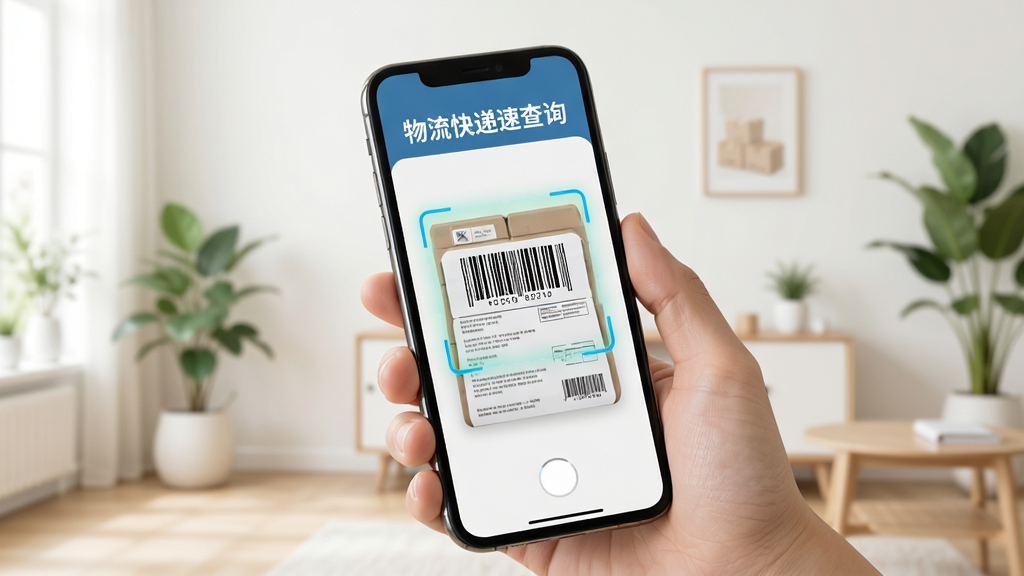 物流快递速查询新手操作指引示意图,手机屏幕显示扫码查件功能的使用步骤,画面中一只手拿着手机对着快递单上的条形码进行扫描,手机屏幕上显示扫描框和“物流快递速查询”字样,背景是简洁的室内环境,风格清新自然,画质干净无多余元素