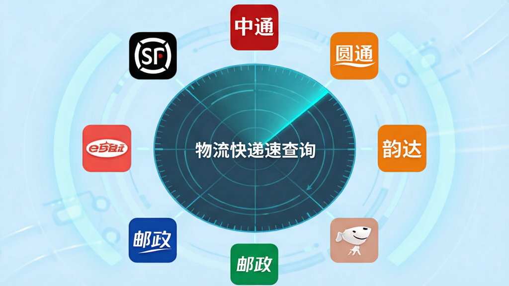 物流快递速查询的快递公司聚合展示界面,画面中央是一个圆形雷达扫描特效,周围环绕着顺丰、中通、圆通、申通、韵达、京东、邮政、极兔、德邦等快递公司的彩色图标,雷达中心显示“物流快递速查询”字样,背景是浅蓝色科技感光晕,风格简洁现代,画质干净无多余元素