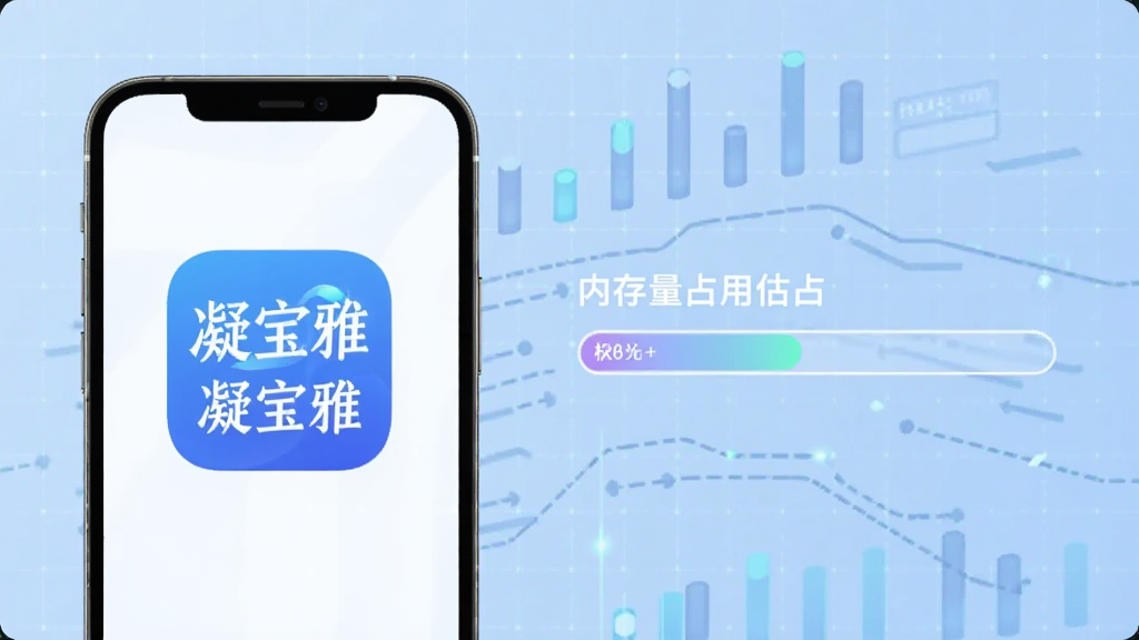 凝宝雅轻量运行概念图,画面左侧是一部手机显示“凝宝雅”应用图标,右侧是一个象征内存占用的进度条,进度条显示占用极低,背景为科技感浅蓝色网格,整体风格简洁数据化,画质干净,无多余文字堆砌