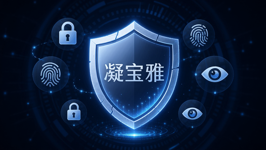 凝宝雅隐私安全盾牌概念图,画面中央是一个发光的盾牌图标,盾牌表面印有“凝宝雅”字样,盾牌周围环绕着锁形、指纹、眼睛等安全符号,背景为深蓝色科技感光晕,风格稳重安全,画质高清,元素干净利落