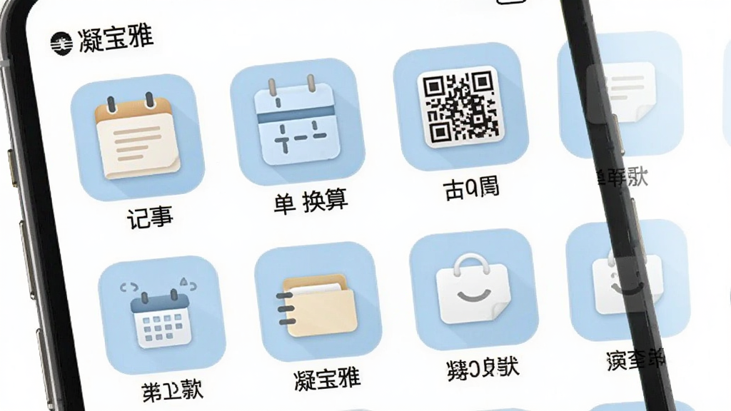 凝宝雅实用工具箱界面展示,画面中手机屏幕显示“凝宝雅”应用内的工具列表,包含记事本、单位换算、二维码生成等图标,图标设计为圆角矩形带淡蓝色底,每个图标下方有清晰的中文标注,背景为白色,风格统一整洁,画质干净无噪点