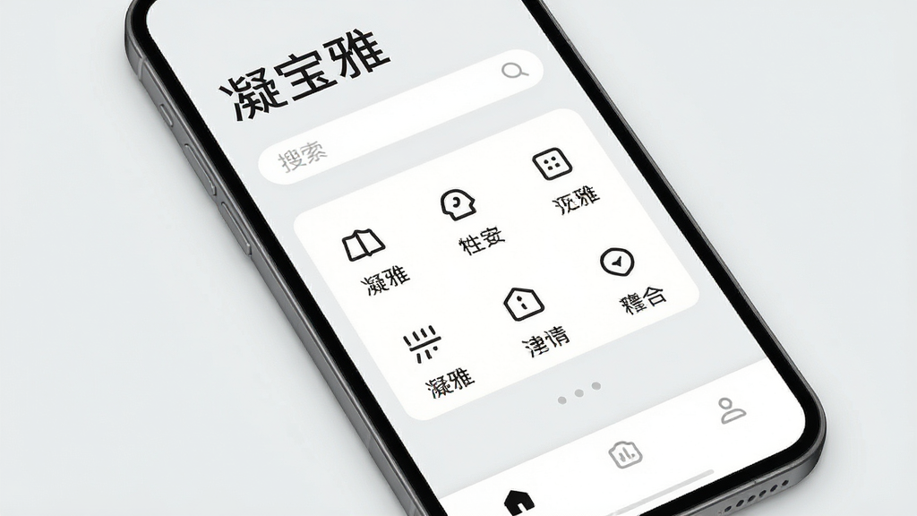 凝宝雅极简交互界面特写,画面展示手机屏幕内“凝宝雅”应用的主页,布局为顶部大标题“凝宝雅”与搜索框,中部为六宫格功能图标,图标下方有中文标签,底部为三个简约导航按钮,背景为干净的浅灰色,风格极简现代,画质清晰,无多余装饰元素