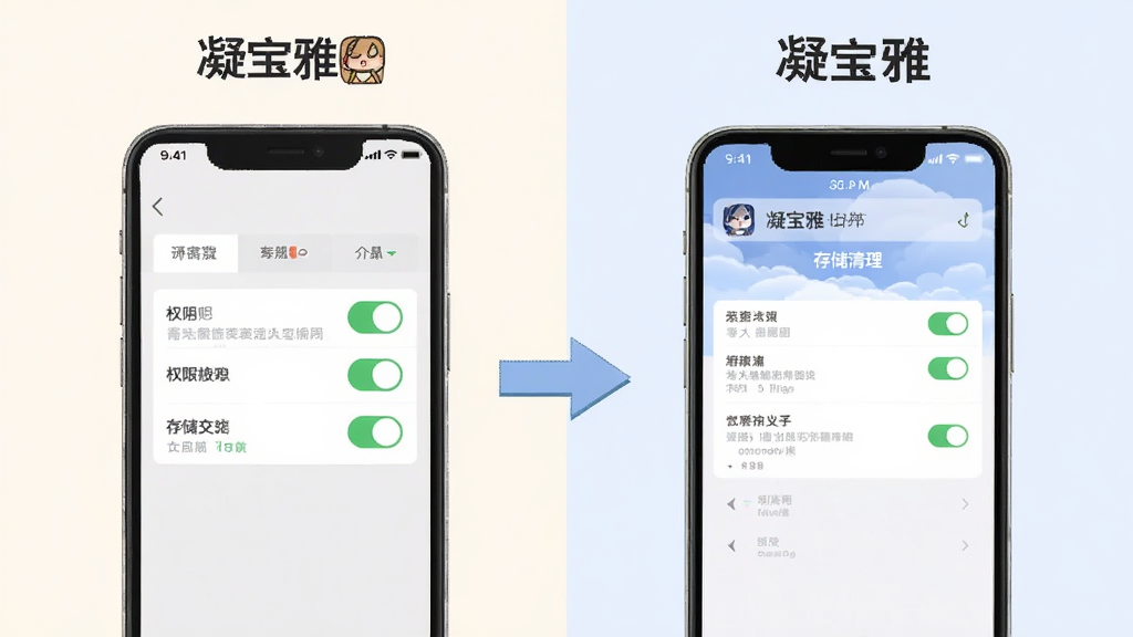 凝宝雅安装设置流程图解,画面分为左右两部分,左侧展示手机设置中的权限开关界面,右侧展示“凝宝雅”应用内的存储清理界面,中间用箭头连接,背景为浅色,风格为扁平化教程图示,文字标签清晰,画质干净无杂乱元素