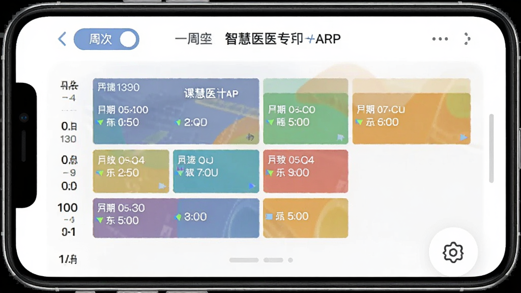 �ǻ�ҽרAPP�α������ͼ���ֻ���Ļ����ʾһ�ܿγ̰��ţ���ͬ�γ��ò�ͬ��ɫɫ�����֣��������ܴ��л���ť���ײ��п�ǰ��������ͼ�꣬������������