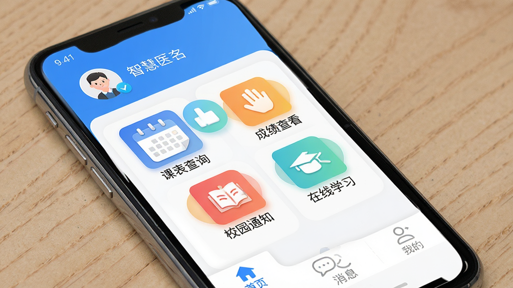 һ���ֻ���Ļչʾ�ǻ�ҽרAPP�������ͼƬ�����涥����ʾ�û�ͷ����������м������ſα���ѯ���ɼ��鿴��У԰֪ͨ������ѧϰ�ĸ���ɫ����ͼ�꣬�ײ�Ϊ��ҳ����Ϣ���ҵ�����������ǩ���������������ɫ��������ִ������ʸɾ�����