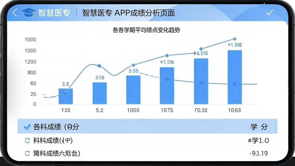 �ǻ�ҽרAPP�ɼ�����ҳ�棬�ֻ���Ļ��չʾ��״ͼ��ʾ��ѧ��ƽ������仯���ƣ��·��г����Ƴɼ���ѧ�֣��������������ɫ�����ݿ��ӻ�����