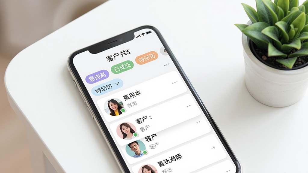 一张展示汇客本标签筛选功能的界面图,手机屏幕显示客户列表页顶部有一排彩色标签按钮,如“意向高”“已成交”“待回访”等,下方是筛选后的客户卡片列表,画面风格清新明快,色彩柔和,手机放置在白色桌面上,旁边有一盆小绿植,画质干净,无多余元素