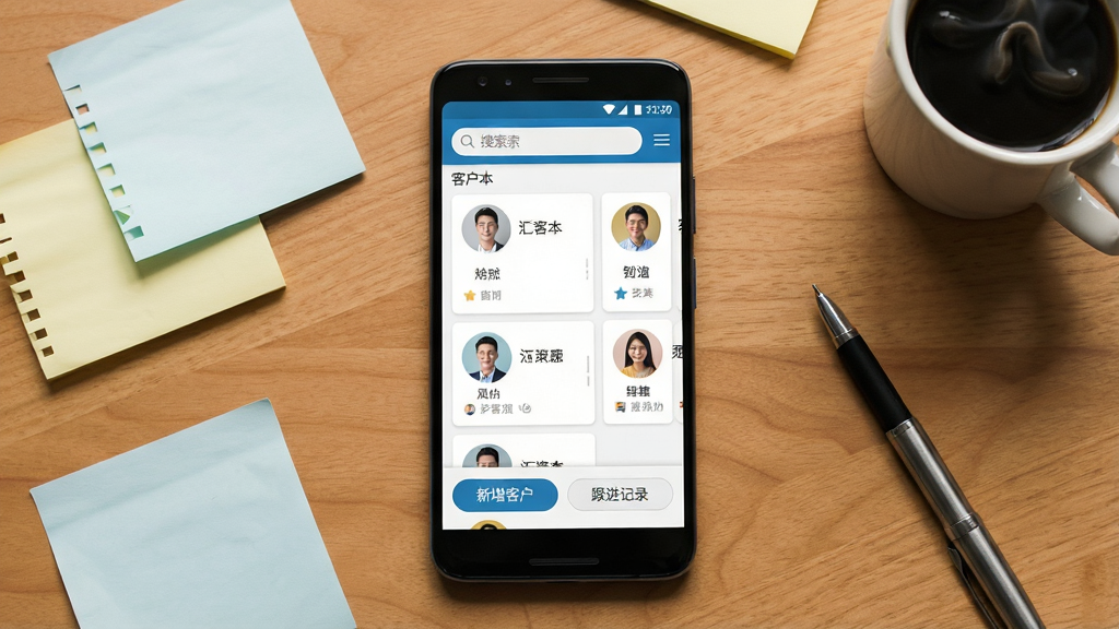 一张展示汇客本APP核心全貌的场景图,画面中央是一部安卓手机,手机屏幕上显示汇客本的客户列表主界面,顶部有搜索栏,中间排列着客户头像和姓名卡片,底部有新增客户和跟进记录的按钮,手机周围散落着便签纸、咖啡杯和一支笔,背景是温馨的木质桌面,风格现代简约,细节丰富,画质干净清晰,无多余元素