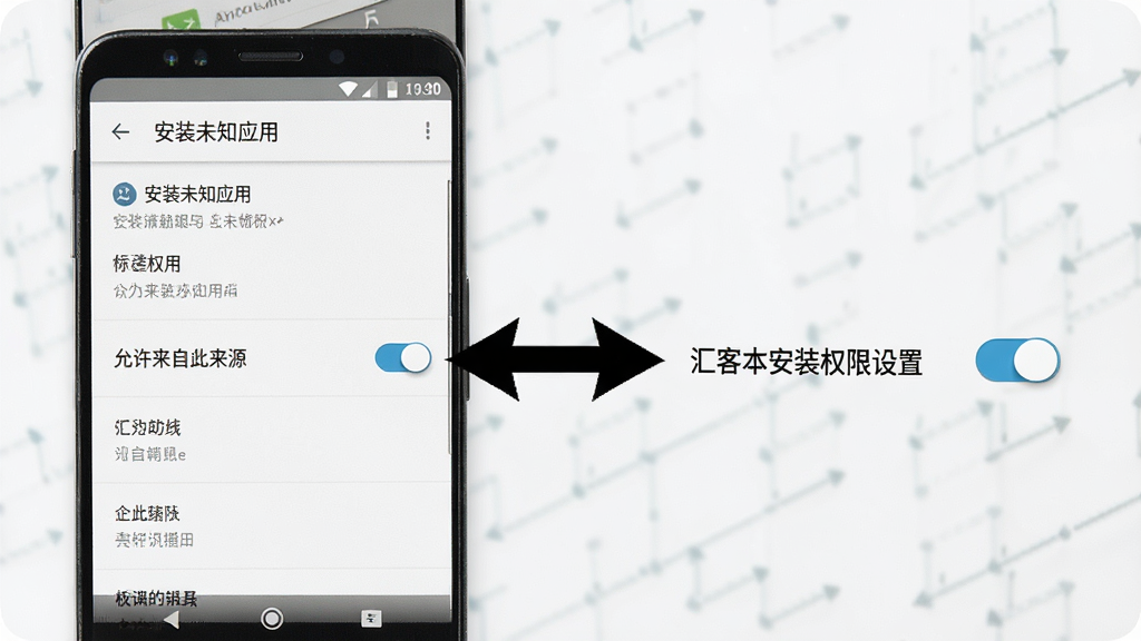 一张展示汇客本安装权限设置的示意图,手机屏幕显示安卓系统的“安装未知应用”权限设置页面,旁边有箭头指向“允许来自此来源”的开关按钮,画面风格清晰直观,背景简洁,画质干净,无多余元素