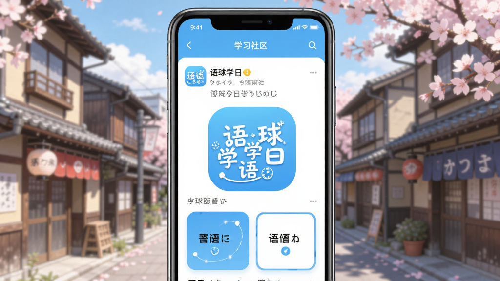 语球学日语App主界面展示,手机屏幕中显示日语学习社区动态和单词卡片,背景是日式街道和樱花元素,整体风格清新简洁,主色调为天蓝色和白色,画面中央有“语球学日语”文字标识,布局清晰,画质干净,无多余元素