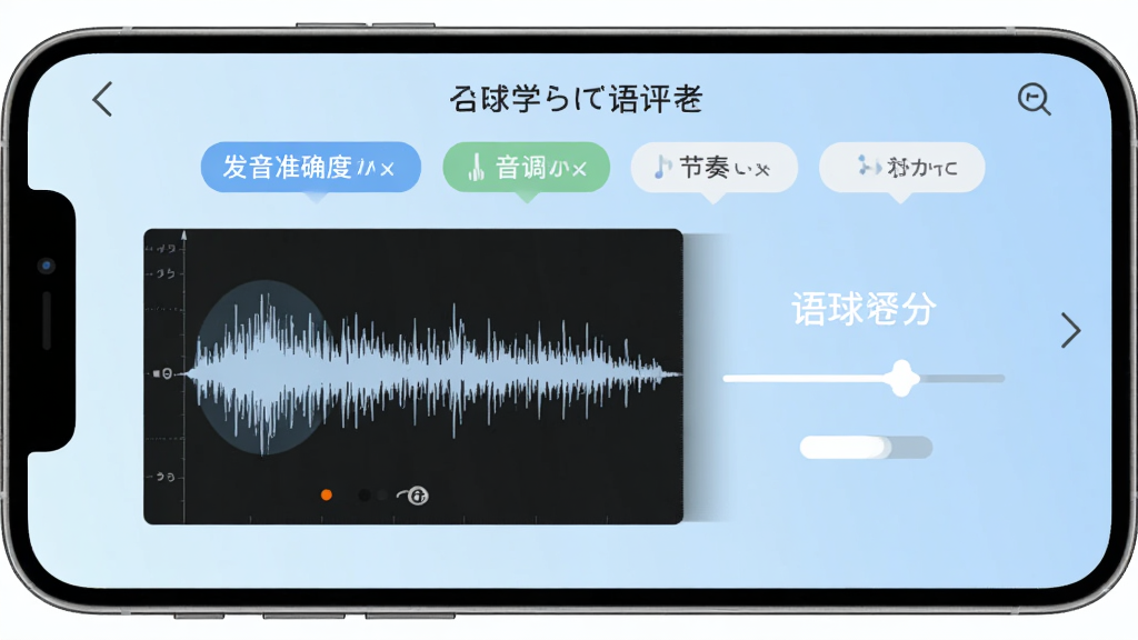 语球学日语语音评测界面,手机屏幕显示日语发音波形图和评分反馈,界面有“发音准确度”“音调”“节奏”等标签,背景是淡蓝色渐变,风格现代扁平,画质干净无多余元素