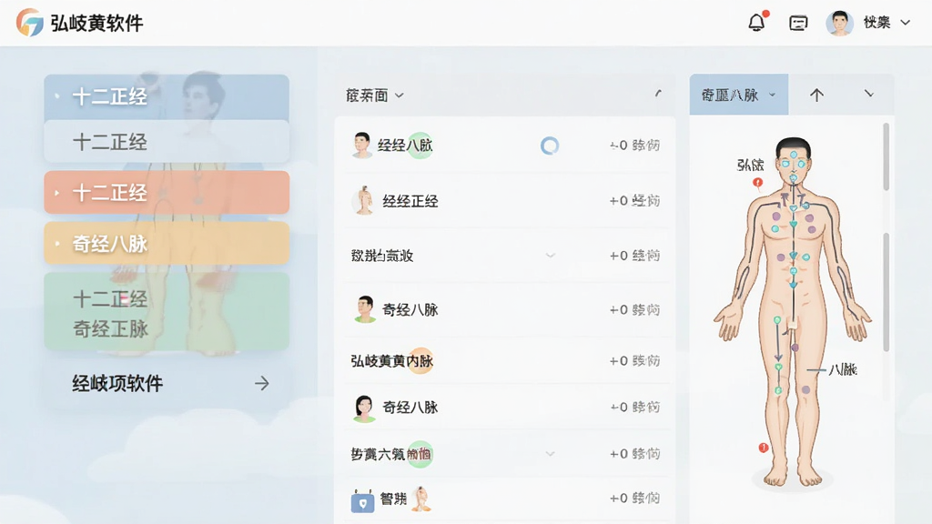 一张弘岐黄软件内部页面的截图风格示意图,画面中央展示经络穴位分类页面,左侧有十二正经和奇经八脉的标签选项,右侧显示穴位列表和简单的定位示意图,界面布局清晰,配色柔和,风格简洁现代,画质干净无多余元素