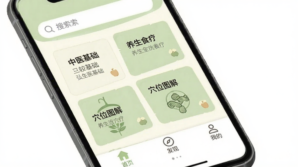 一张手机屏幕展示弘岐黄软件的主界面,界面以米白色和淡绿色为主色调,顶部有搜索框,中间是分类卡片展示中医基础、养生食疗、穴位图解等模块,底部有首页、发现、我的三个导航标签,整体风格清新简洁,画质干净清晰,无多余元素