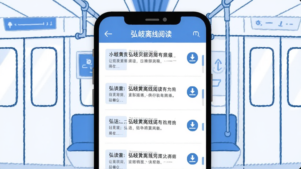 一张展示弘岐黄离线阅读功能的示意图,画面中一部手机屏幕显示文章列表,每篇文章旁边有下载图标和已缓存的标记,背景是地铁车厢的简笔线条,整体风格扁平化,配色以蓝白为主,画质干净清晰,无多余元素
