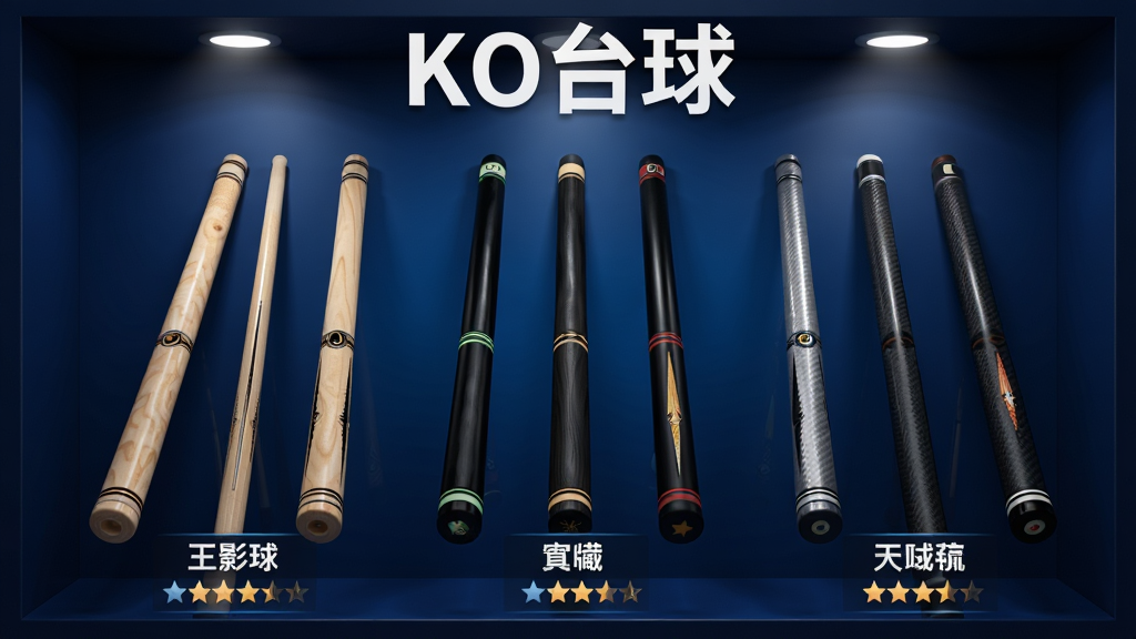 一张展示KO台球个性化球杆收藏界面的图片,画面中展示了一排不同材质和颜色的台球杆,从左到右分别是原木色枫木杆、深黑色黑檀杆、银灰色碳纤维杆,每根球杆下方有名称标签和稀有度星级,背景是深蓝色渐变展柜风格,灯光从上方打下照亮球杆细节,画质精致干净,图片上方用白色字体写着