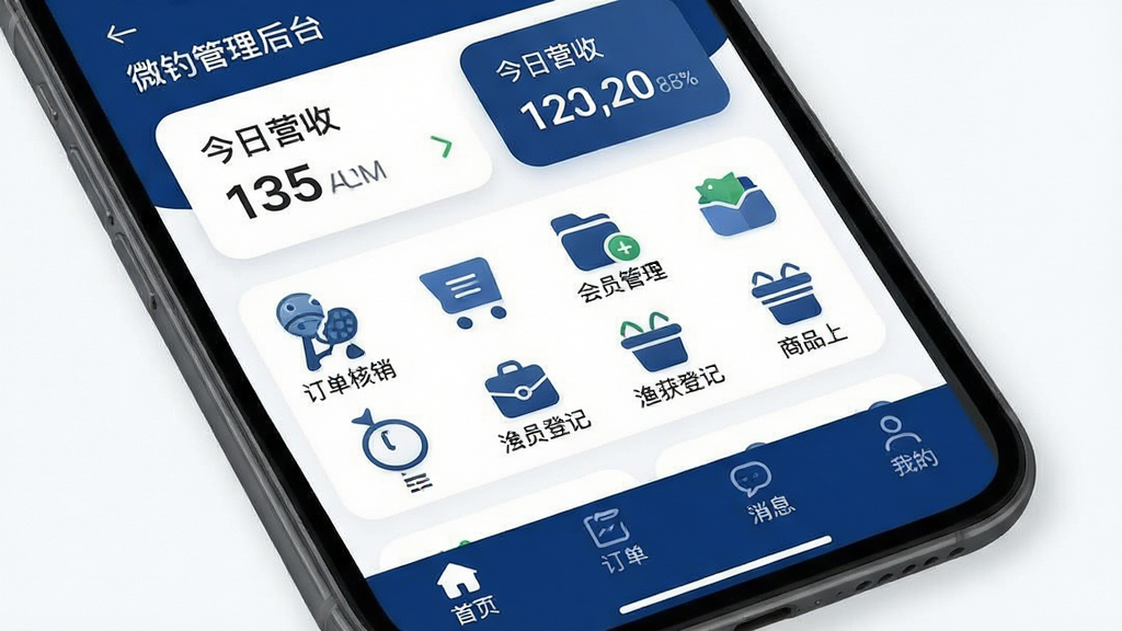 微钓商户端 应用主界面截图,手机屏幕显示钓场管理后台,顶部是店铺名称和今日营收数据卡片,中间排列着订单核销、会员管理、渔获登记、商品上架四个大图标按钮,底部导航栏有首页、订单、消息、我的四个选项,整体采用深蓝色与白色搭配的清爽风格,界面干净整洁,无广告横幅,图标设计圆润现代,画质清晰,无多余元素