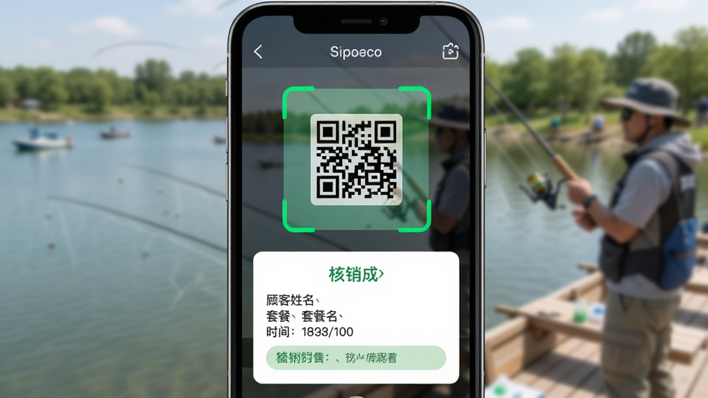 微钓商户端 订单核销功能展示图,手机屏幕显示扫码界面,一个绿色的扫描框正在识别二维码,下方弹出核销成功的提示卡片,卡片上显示顾客姓名、套餐名称、核销时间,背景是虚化的钓场环境,整体风格简洁高效,画质清晰,无多余元素