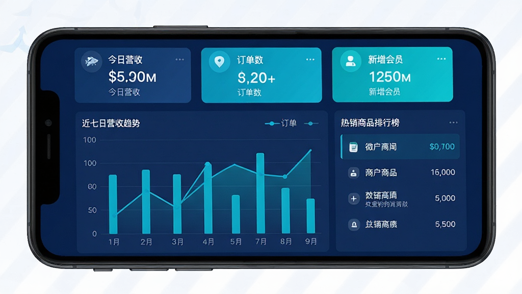 微钓商户端 经营数据看板界面,手机屏幕显示柱状图和折线图组合,顶部有今日营收、订单数、新增会员三个数据卡片,下方是近七日营收趋势折线图和热销商品排行榜列表,配色以深蓝和青色为主,图表清晰易读,界面现代扁平化,画质干净,无多余元素
