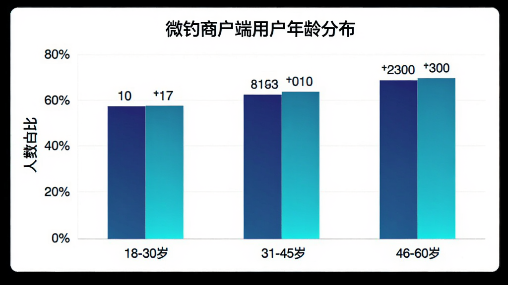 微钓商户端 用户年龄分布柱状图,白色背景,横轴标注年龄段18-30岁、31-45岁、46-60岁,纵轴标注人数占比百分比,柱状图颜色为深蓝色和青色渐变,每个柱子上方标注具体百分比数值,图表标题为微钓商户端用户年龄分布,风格简洁商务,画质清晰,无多余元素