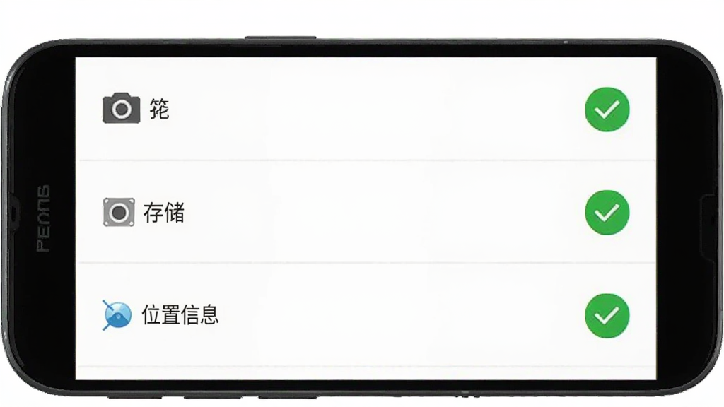 微钓商户端 手机权限设置界面示意图,手机屏幕显示应用权限管理页面,列表中相机、存储、位置信息三项权限显示为已开启状态,绿色对勾图标,界面风格为安卓原生设置页面,干净简洁,画质清晰,无多余元素