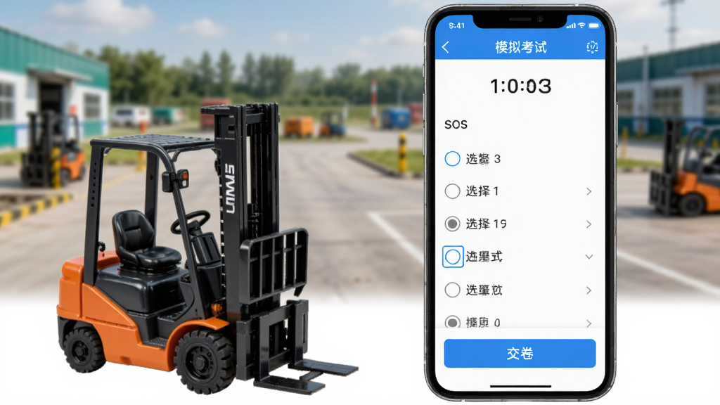 一张叉车考试一点通APP的模拟考试界面截图,手机屏幕显示考试倒计时、题目序号、选择题选项,下方有交卷按钮。画面中有一辆小型叉车模型放在手机旁边,背景是驾校训练场地的虚化场景,风格写实,画质清晰,干净无多余元素。