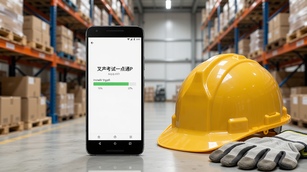 一部安卓手机正在安装叉车考试一点通APP,屏幕显示安装进度条,手机旁边放着一顶安全帽和一副手套,背景是仓库货架,风格写实,画质清晰,干净无多余元素。
