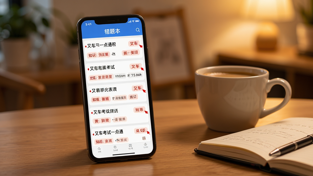 叉车考试一点通APP的错题本界面,手机屏幕显示错题列表,每道题旁边有红色标记和知识点标签。画面中手机放在一张木质桌面上,旁边有一杯咖啡和一本笔记本,背景是室内暖光环境,风格生活化,画质清晰,干净无多余元素。