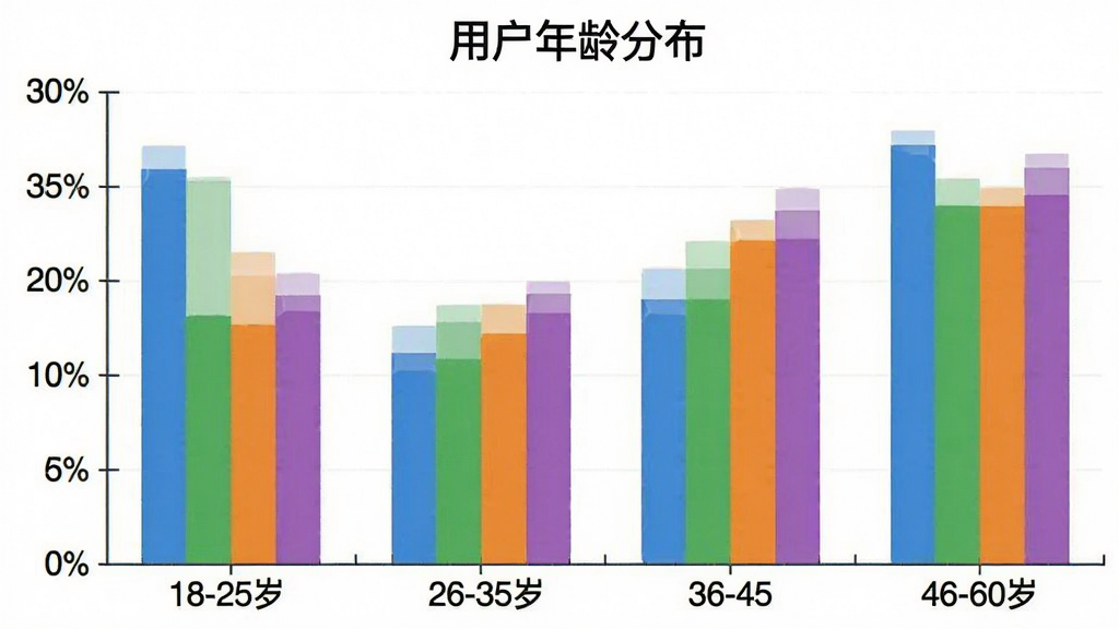 一张柱状图展示“玩得起”App用户年龄分布,横轴为年龄段18-25岁、26-35岁、36-45岁、46-60岁,纵轴为用户占比,柱状图颜色分别为蓝色、绿色、橙色、紫色,图表标题为“用户年龄分布”,画质清晰干净无多余元素