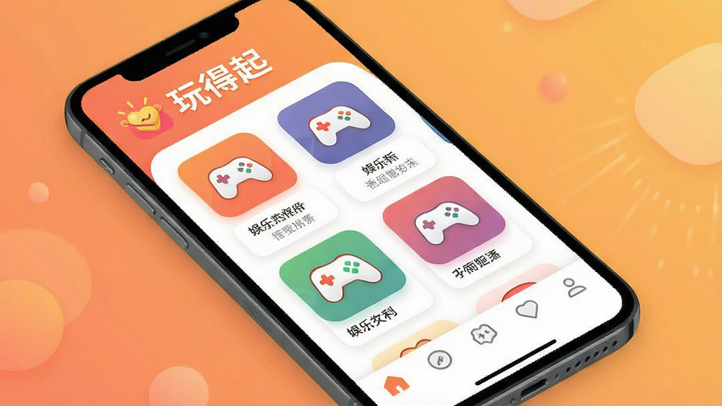 一张手机屏幕展示“玩得起”App主界面,界面设计简洁明快,顶部显示“玩得起”字样,中间是各种娱乐分类图标,底部是导航栏,背景是渐变的暖色调,风格现代扁平,画质干净无多余元素