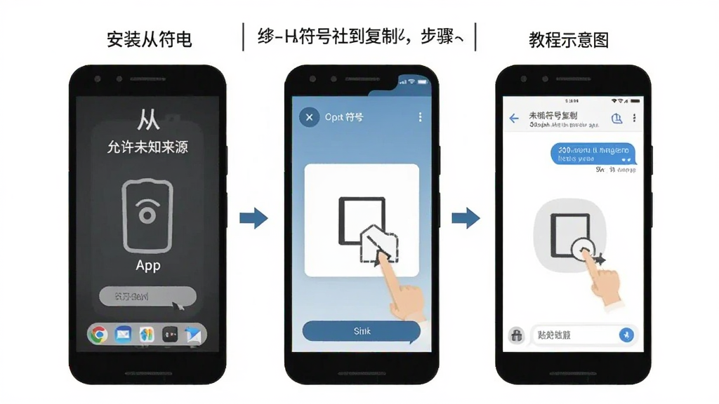 符号社使用教程示意图,手机屏幕展示从安装到复制的步骤,包括允许未知来源、打开App、点击符号复制、粘贴到聊天框等画面,界面简洁,标注清晰,风格扁平化,画质干净