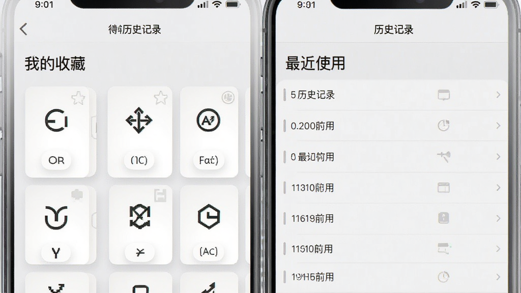 符号社收藏与历史记录界面,手机屏幕显示“我的收藏”和“最近使用”两个板块,收藏夹中有多个符号卡片,历史记录按时间排列,界面干净整洁,背景为浅灰色,风格统一,画质干净无多余元素