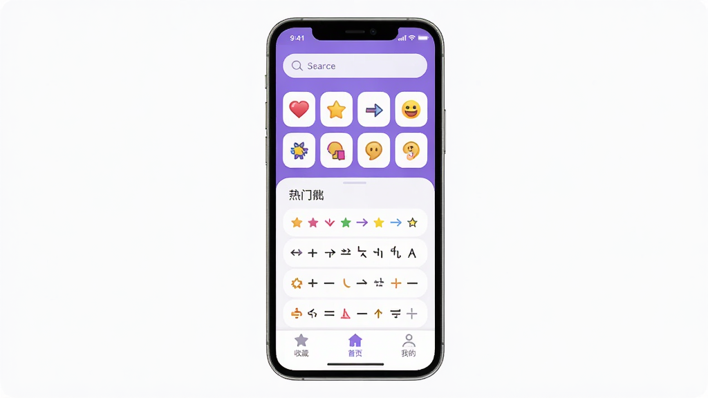 符号社App主界面全貌展示,手机屏幕居中,界面以紫色和白色为主色调,顶部搜索栏下方有符号分类图标网格,包括爱心、星星、箭头、颜文字等分类,中间区域展示热门符号列表,底部为收藏、首页、我的三个选项卡,整体风格清新简洁,圆角设计,画质干净无多余元素