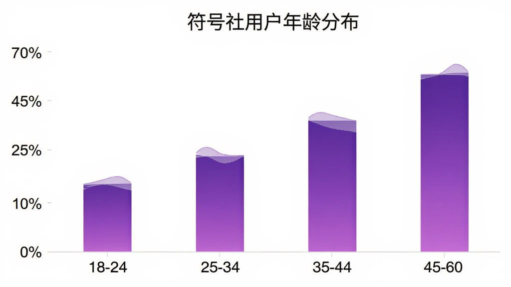 符号社用户年龄分布柱状图,横轴为年龄段18-24、25-34、35-44、45-60,纵轴为用户占比百分比,柱状图颜色为紫色渐变,图表标题为“符号社用户年龄分布”,背景白色,风格简洁数据可视化,画质干净无多余元素