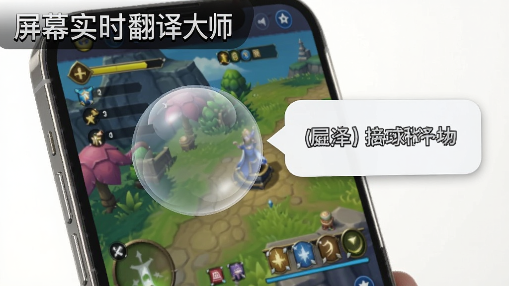 一张手机界面展示图,画面中是一个游戏画面,屏幕边缘有一个半透明的圆形悬浮球,悬浮球旁边展开了一个翻译气泡,气泡内显示着中文翻译结果,游戏画面色彩丰富,悬浮球设计精致,整体风格干净利落,画质清晰,画面中带有“屏幕实时翻译大师”的文字标识。