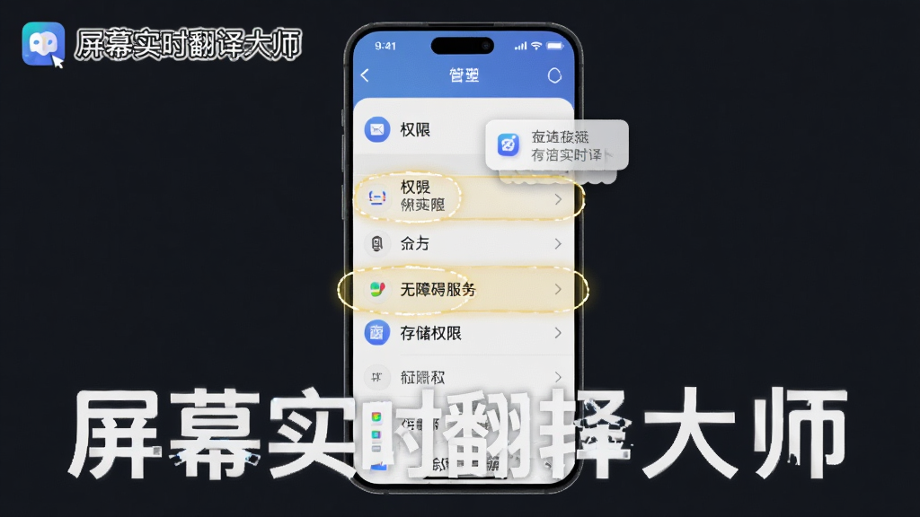 一张手机设置界面的插画,画面中显示着权限管理列表,悬浮窗权限、存储权限、无障碍服务等选项被高亮标注,界面风格简洁,图标清晰,背景为浅色,画质干净,画面中带有“屏幕实时翻译大师”的文字标识。