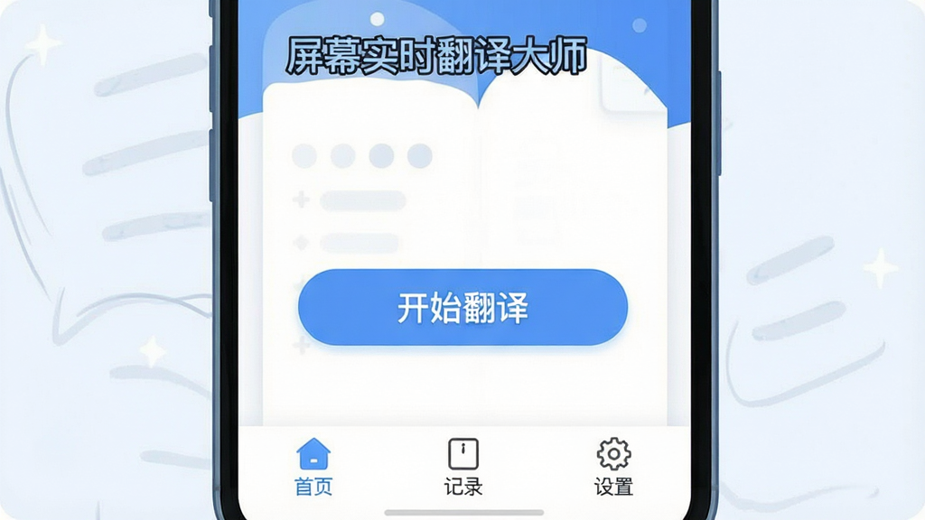 一张手机应用主界面的插画,画面中显示着底部导航栏,包含首页、记录、设置三个选项卡,首页中央有一个醒目的开始翻译按钮,界面布局简洁,配色以蓝白为主,风格清爽,画质干净无多余元素,画面中带有“屏幕实时翻译大师”的文字标识。
