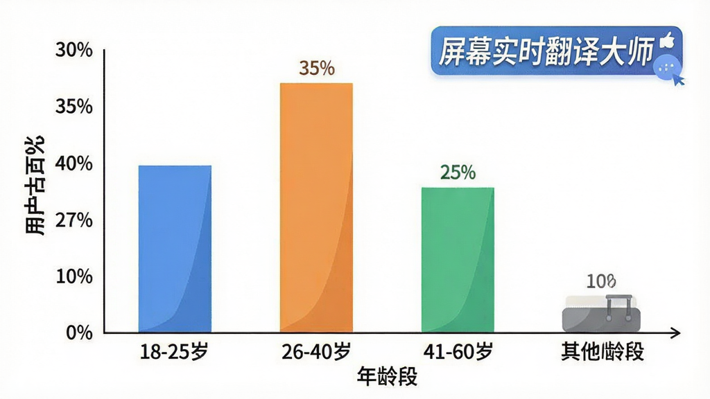 一张柱状图风格的插画,横轴标注着不同年龄段,纵轴标注着用户占比百分比,柱状图显示18-25岁占比约30%,26-40岁占比约35%,41-60岁占比约25%,其他年龄段占比约10%,图表配色清晰,背景干净,画质简洁,画面中带有“屏幕实时翻译大师”的文字标识。