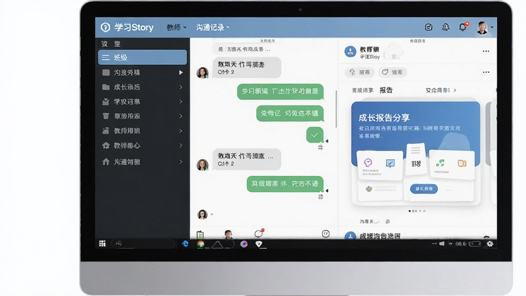 LearningStory 教师端 家校沟通功能展示,屏幕显示聊天界面和成长报告分享卡片,布局为左右分栏,左侧是班级列表,右侧是沟通记录,风格简洁商务,细节清晰,画质干净,无多余元素