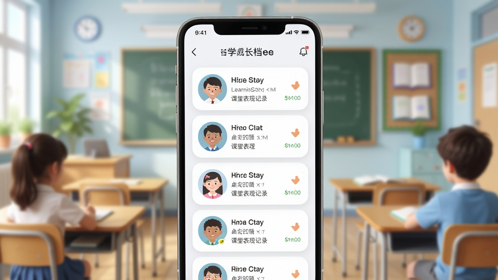 LearningStory 教师端 手机应用界面展示,屏幕中央显示学生成长档案列表,包含学生头像和课堂表现记录卡片,背景是教室场景,整体布局简洁清晰,排版以卡片式纵向排列,风格现代扁平化,细节圆润柔和,画质干净明亮,无多余元素