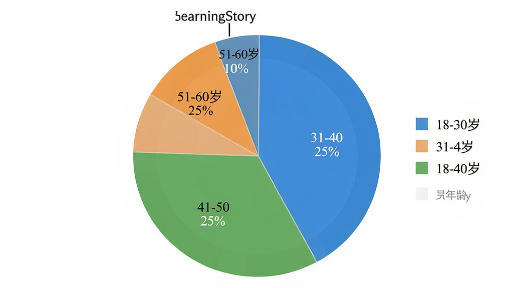 LearningStory 教师端 用户年龄分布饼状图,图表显示18-30岁占比25%,31-40岁占比40%,41-50岁占比25%,51-60岁占比10%,布局为圆形饼图居中,风格扁平化数据可视化,细节清晰,画质干净,无多余元素