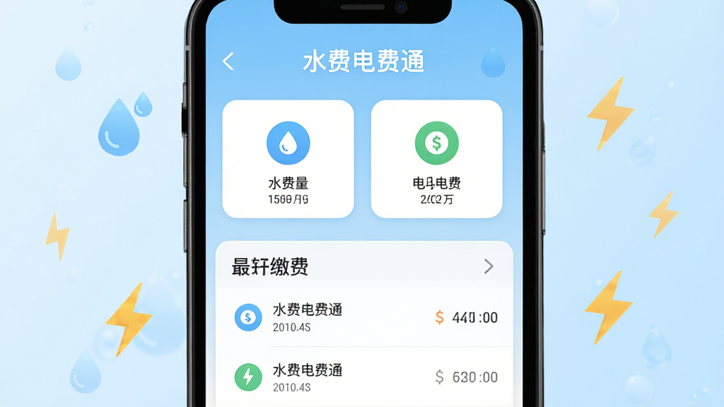һ���ֻ���Ļչʾ���棬���������ǡ�ˮ�ѵ��ͨ��Ӧ�õ���ҳ������Ϊ����ɫ���䣬������ʾˮ�Ѻ͵��������ͼ�갴ť���·�������ɷѼ�¼�б�������ɾ��޹�棬��ΧƯ����ˮ�κ������Сͼ�꣬�������ִ���ƽ���������������޶���Ԫ��