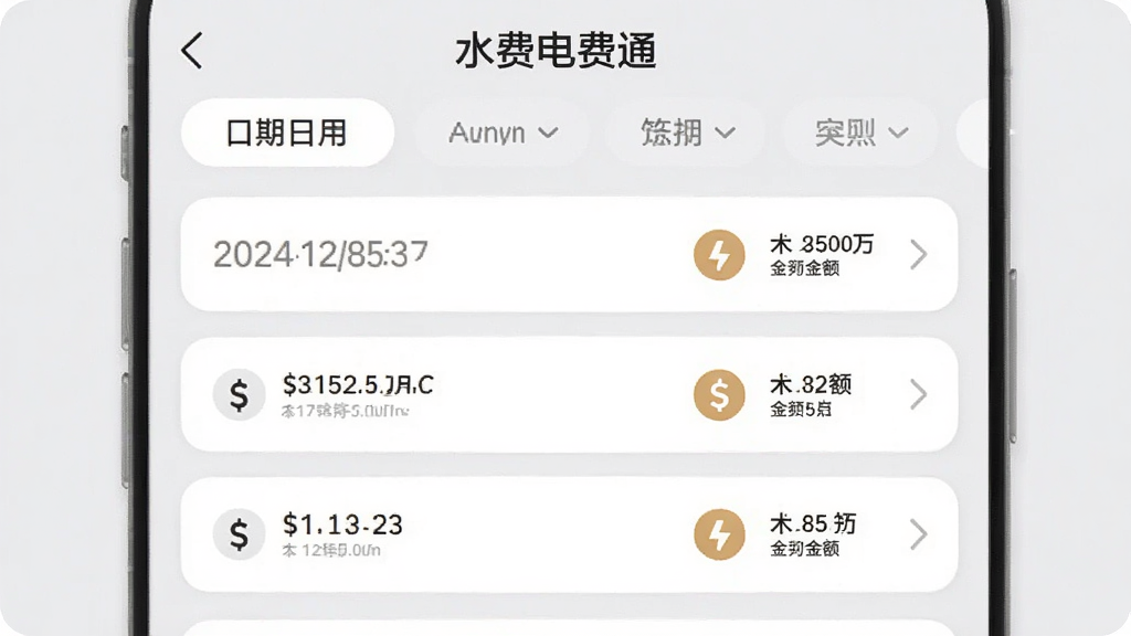 �ֻ�Ӧ�ý��棬չʾ��ˮ�ѵ��ͨ���ĽɷѼ�¼�б�ҳ��ÿ����¼�������ڡ���������ͼ�꣬�������·�ɸѡ��ǩ������Ϊǳ��ɫ����¼��ƬΪ��ɫԲ�Ǿ��Σ����岼�����룬����Լ�ִ�����������������Ԫ��