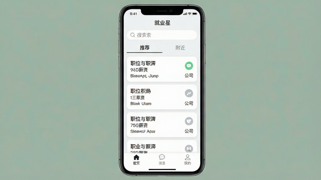 һ���ֻ�Ӧ�ý���չʾͼ�����������ǡ���ҵ�ǡ�App����ҳ���Ϸ���������͡��Ƽ���������������ǩ���м��Ǽ���ְλ��Ƭ�б���ÿ����Ƭ��ʾְλ���ơ�н�ʺ͹�˾��ƣ��ײ��ǡ���ҳ��������Ϣ�������ҵġ���������ͼ�ꡣ���岼�ֲ������½ṹ���Ű����������Ϊ�ִ���ƽ����ƣ�ϸ��Բ�󣬻��ʸɾ����޶���Ԫ�ء�