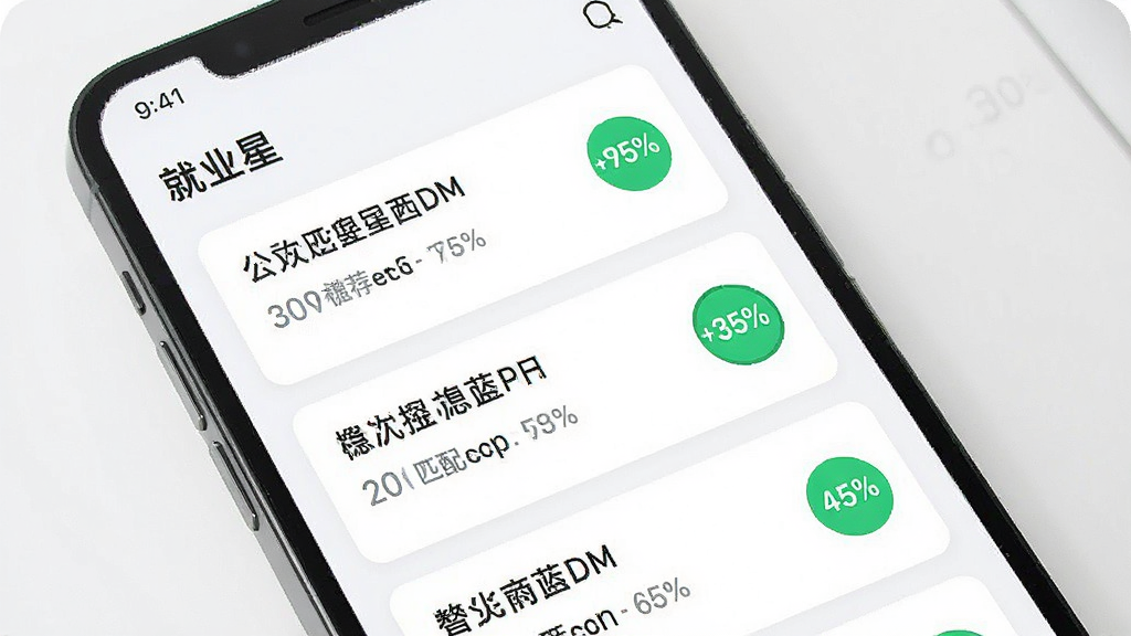 һ���ֻ���Ļ�����ͼ�����������ǡ���ҵ�ǡ�App�ĸ�λ�Ƽ��б���ÿ��ְλ��Ƭ�Ա���һ����ɫ��СԲȦ��ʾƥ��ٷֱȣ�������ǳɫϵ���Ű����룬���Ϊ�ִ���Լ�Ƽ��У�ϸ�����������ʸɾ����޶���Ԫ�ء�