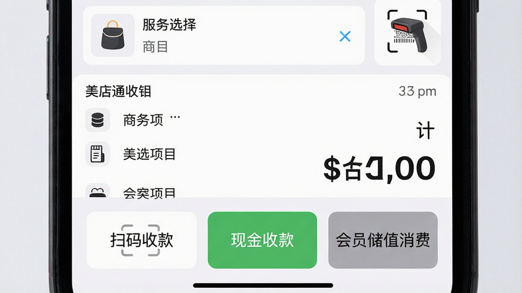 ����ͨ����������д���ֻ���Ļ��ʾ����̨ҳ�棬����Ϊ��Ʒ�������Ŀѡ�������м�����ѡ��Ŀ�б��ͺϼƽ�������ʾ���ײ��С�ɨ���տ���ֽ��տ����Ա��ֵ���ѡ�������ť�����Ͻ���ɨ��ǹͼ�꣬����Ϊǳ�Ұ�ɫ�����������Ч�����ֱ�ǩ���������ʸɾ��޶���Ԫ��