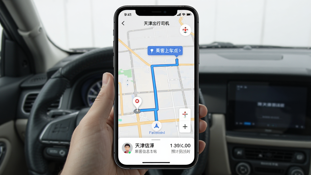 天津出行司机端App导航界面截图,屏幕中央显示路线规划图,蓝色路线标记从当前位置到乘客上车点,底部显示乘客信息和预计到达时间,界面简洁清晰,风格现代扁平